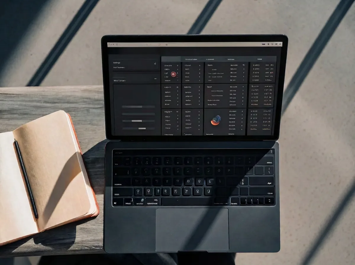 Laptop showing a complex CRM dashboard next to a simple notebook with handwritten client names