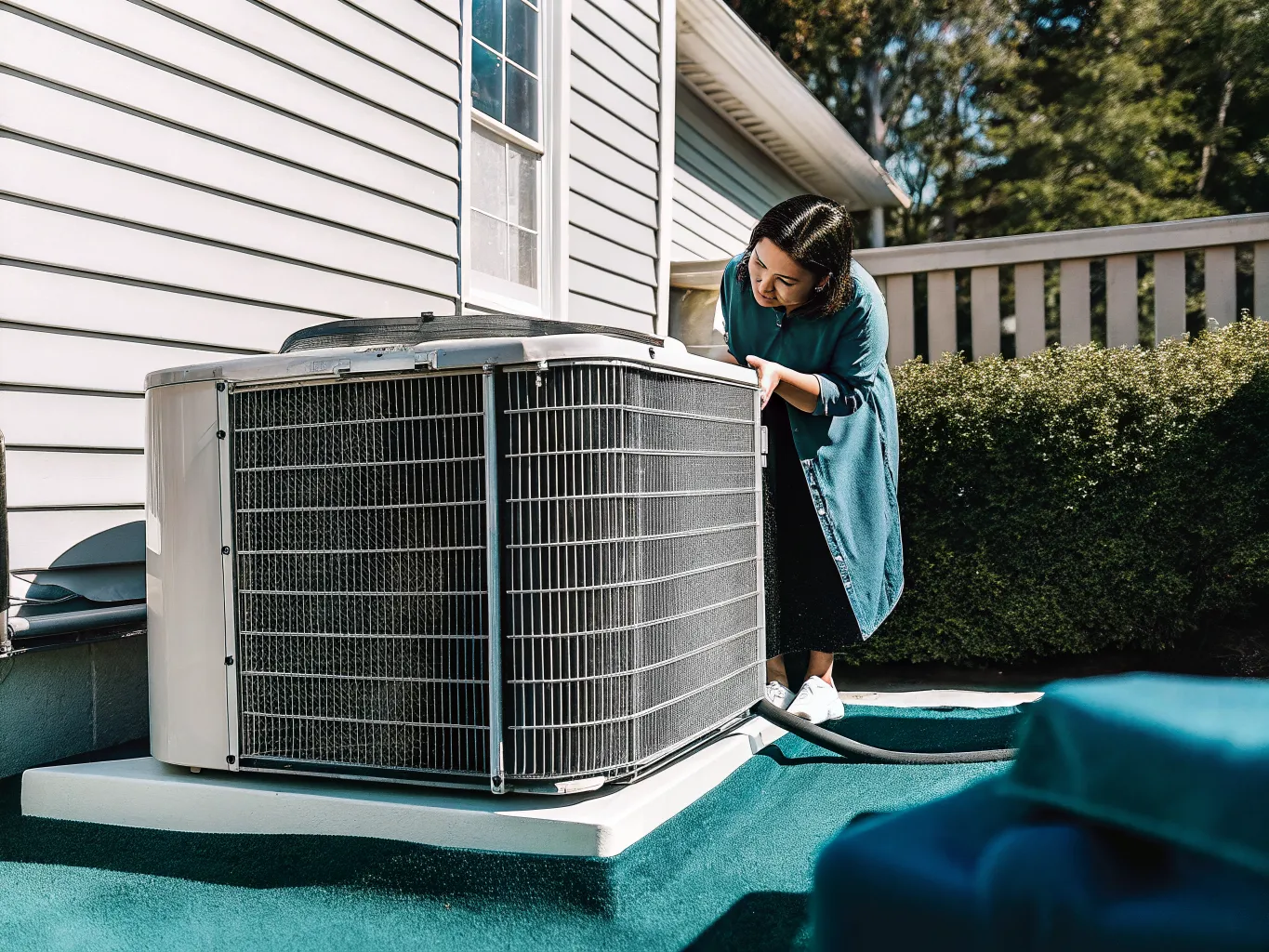 Homeowner examining a broken central air conditioning unit in a suburban backyard
