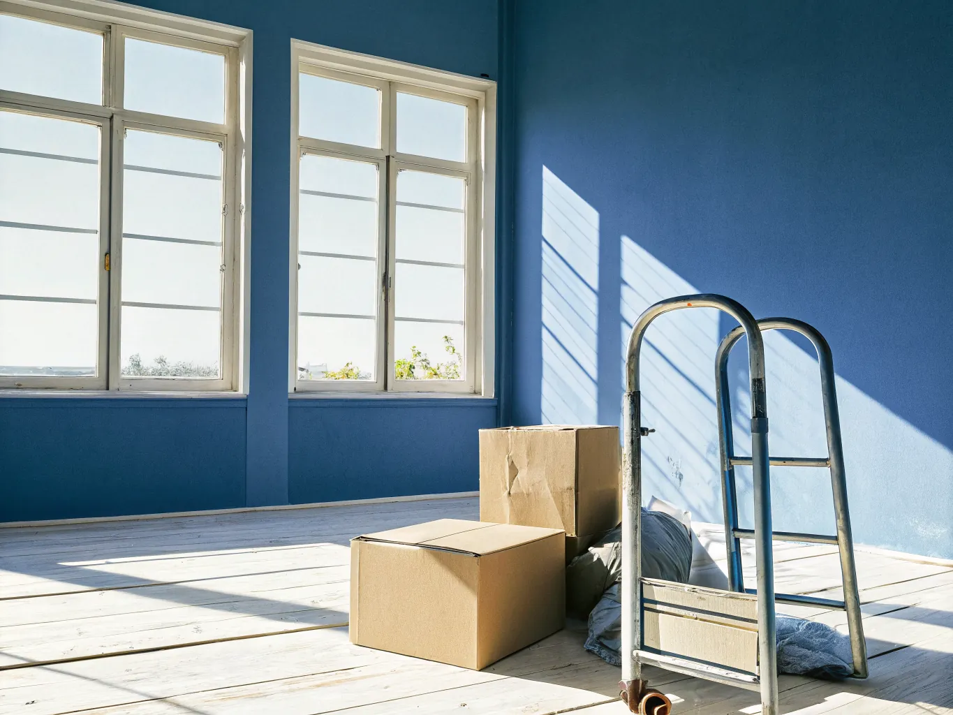 Stacked moving boxes and a hand truck in an empty apartment with afternoon light