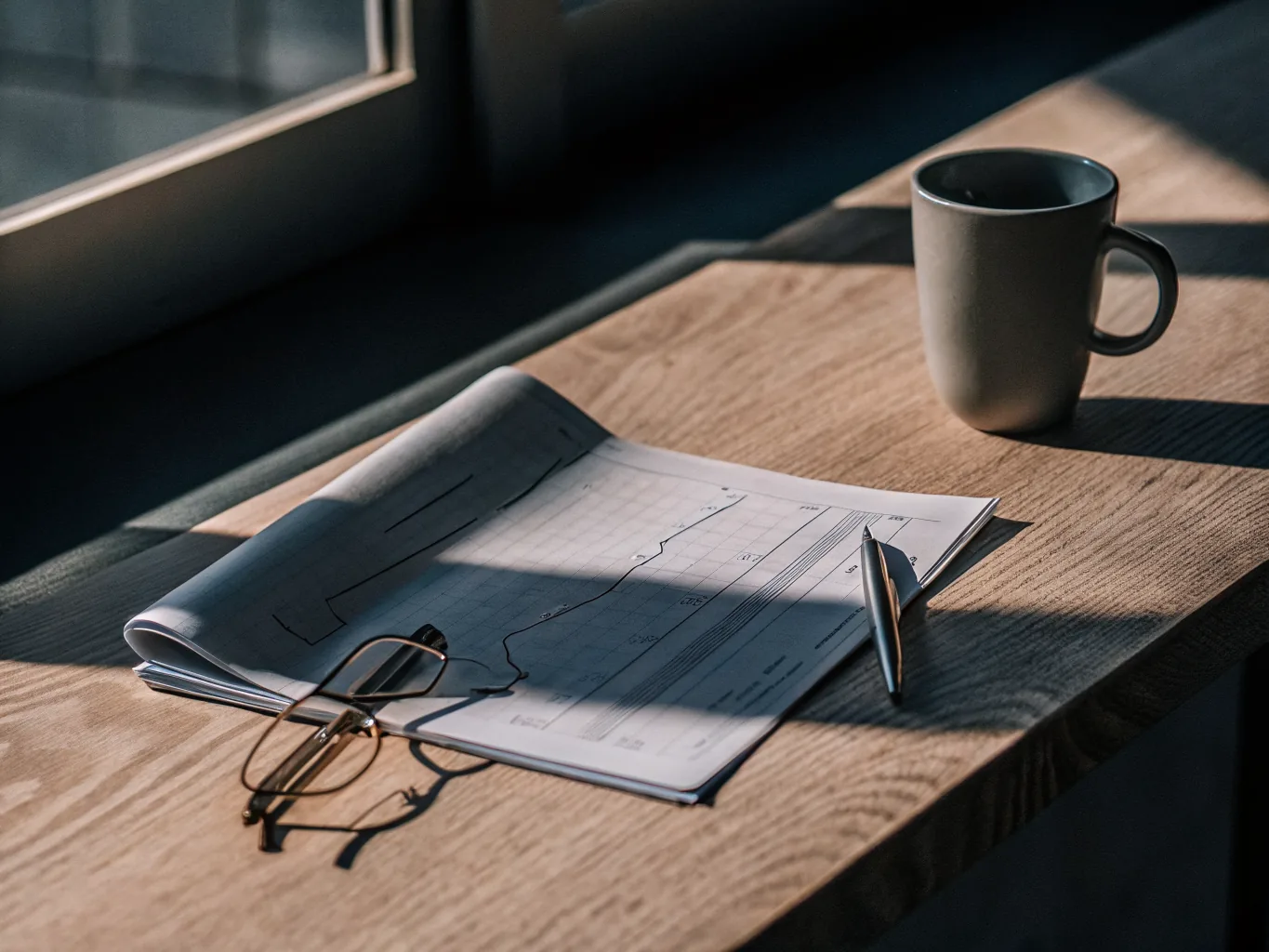 Printed fund fact sheet with a line chart on a wooden desk beside reading glasses and a coffee cup
