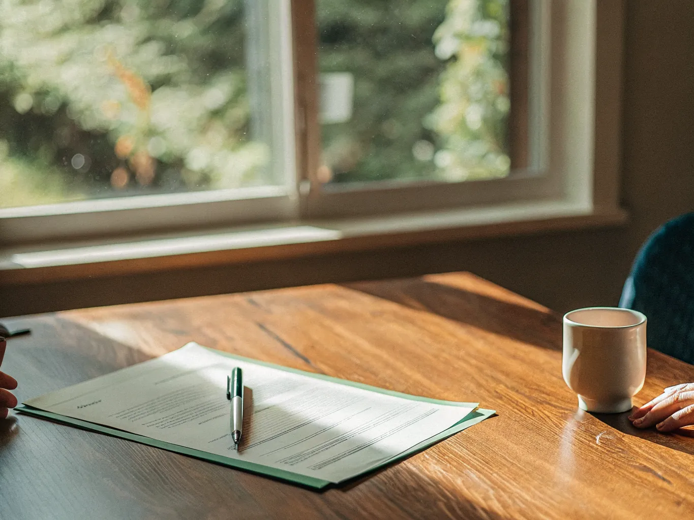 Unsigned legal document and a pen on a wooden dining table beside a coffee cup near a window
